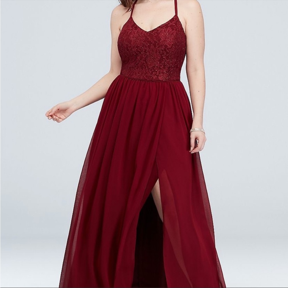 David’s Bridal Wine Red Lace Back Chiffon A-line Long Dress